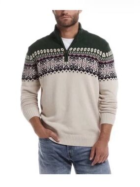 Weatherproof Vintage Men’s Zip-Up Nordic Sweater in Cream and Dark Green XXL